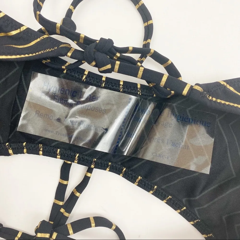 Charlie By MZ Striped Foil Halter String Triangle 2 Piece Bikini Set: Black Gold Size XS - Image 11
