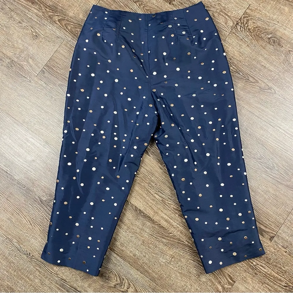 Talbots Pants Women 12 Petite Navy Blue Polka Dot Embroidered 100% Silk Zip 21” - Image 9