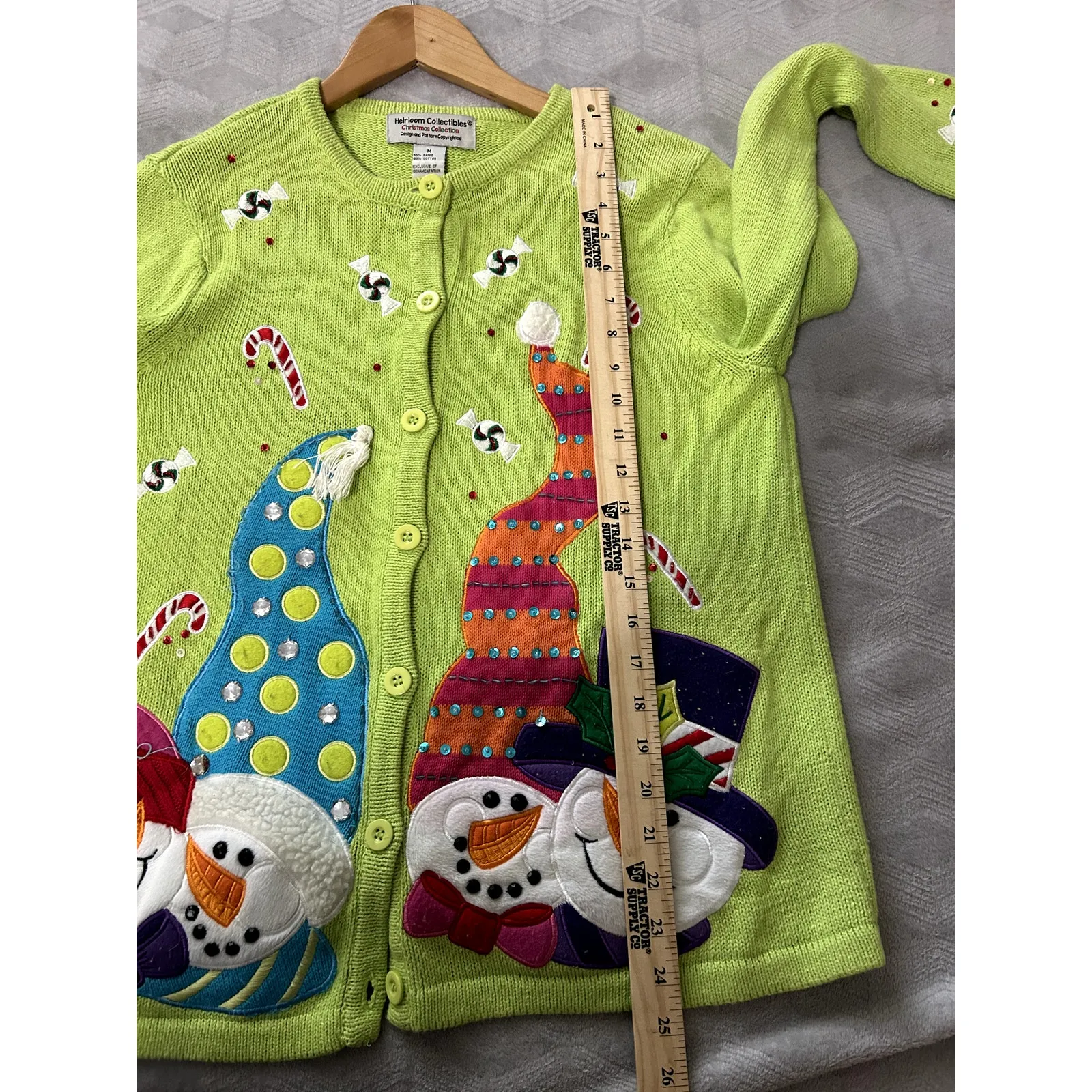 Vintage Christmas Sweater Size M Green Button Up Cardigan Snowmen Candy Cane Size M - Image 6