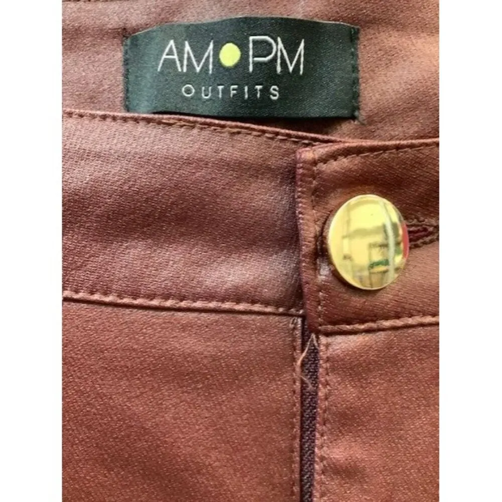 Womens Burgundy Skinny Pants With Gold Zippers & Button Closure By AM PM Outfits Size XL - Image 3