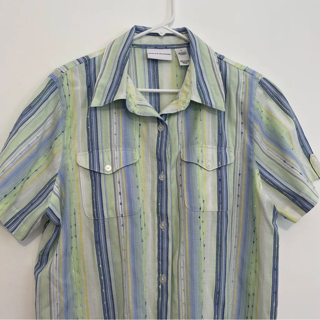 ALFRED DUNNER White Green Blue Striped Short Sleeve Cotton Button Down Shirt 14 - Image 2