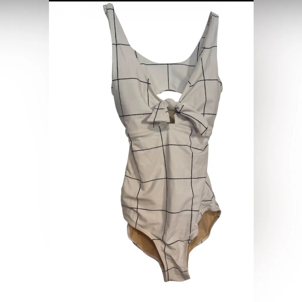 Albion Women's one-piece swimsuit white black grid pattern front tie detail XS - Image 2