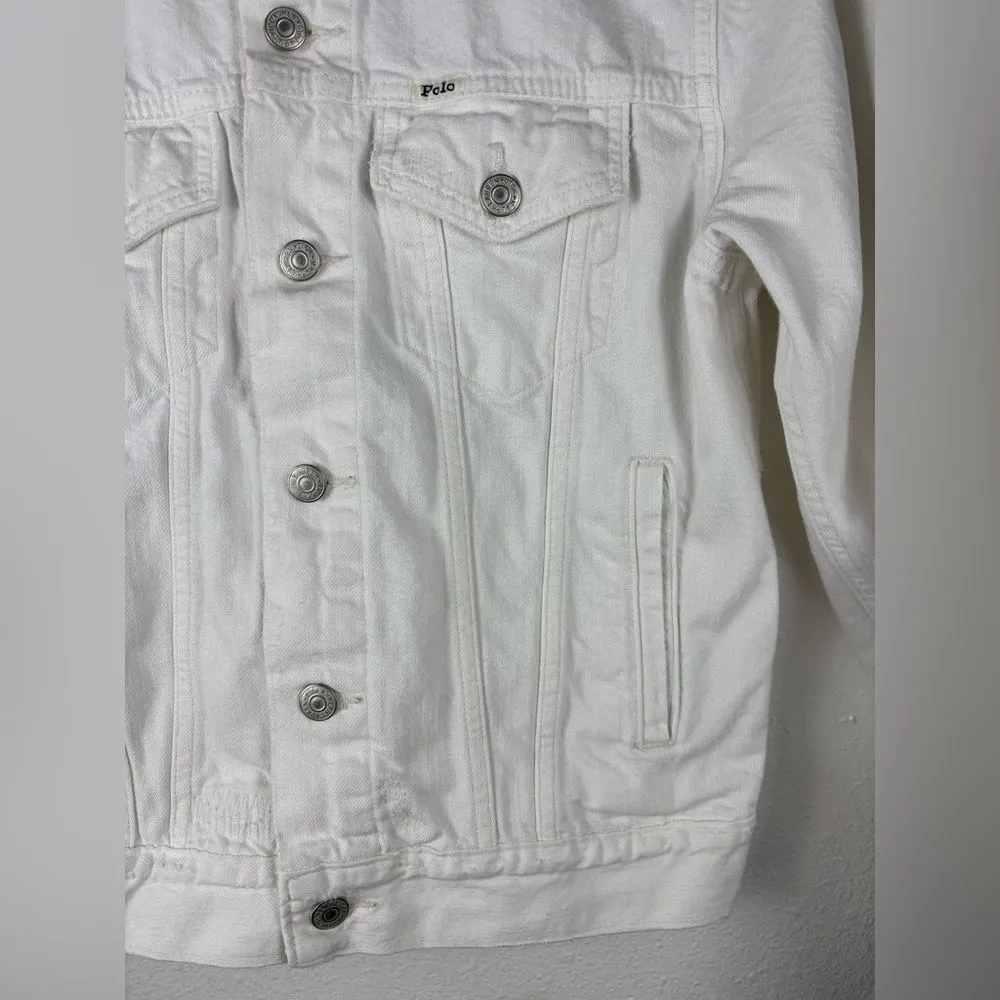 Polo‎ Ralph Lauren Women's Small White Cotton Denim Trucker Jacket Distressed - Image 9