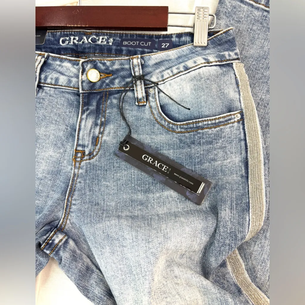 Grace in LA 27 Light Blue Distressed Boot Cut Jeans with Silver Strip Detail - Image 8