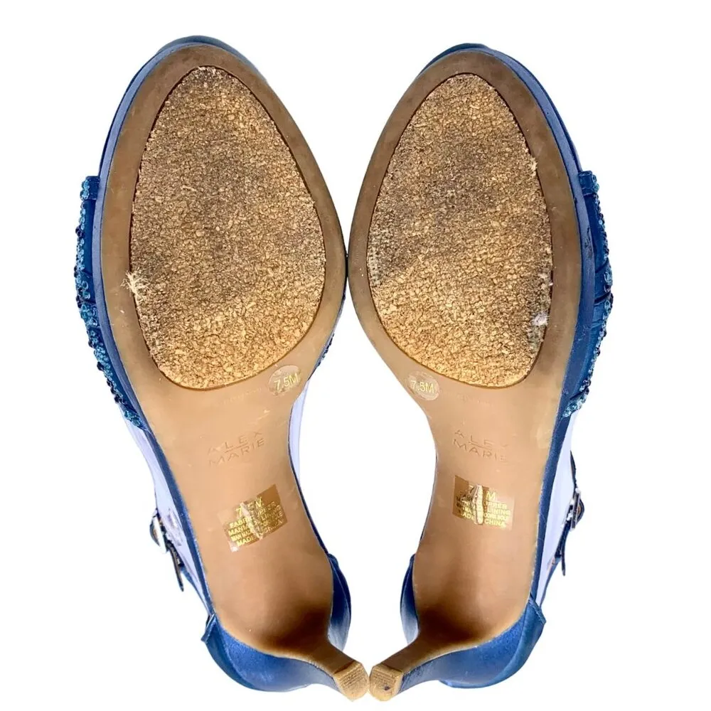 Alex Marie T-Strap Beaded Peep-Toe Dressy Heels Black Tie Fabric 7.5 Navy Blue - Image 12