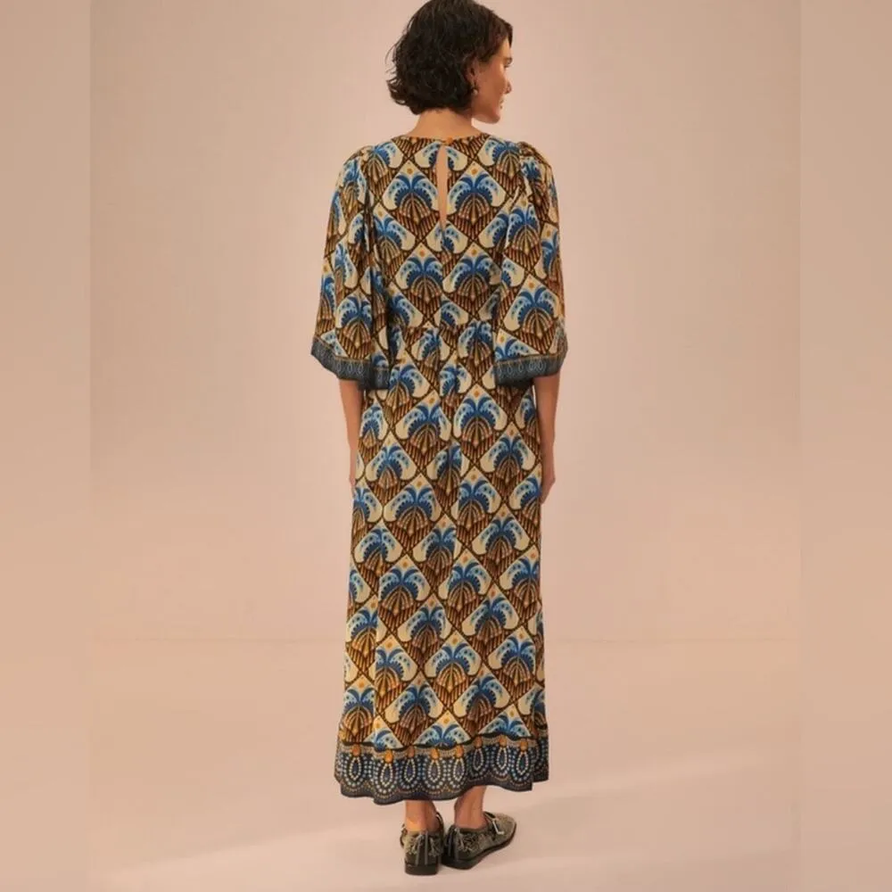 Farm Rio Anthro Women’s Cocopalm Flutter Sleeve Beige Blue  Print Maxi Dress XS - Image 7
