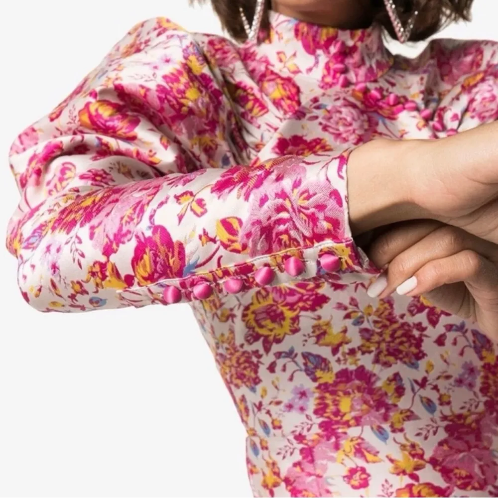 Rotate Birger Christensen Pink Floral Puff Sleeve Dress Size Medium - Image 4