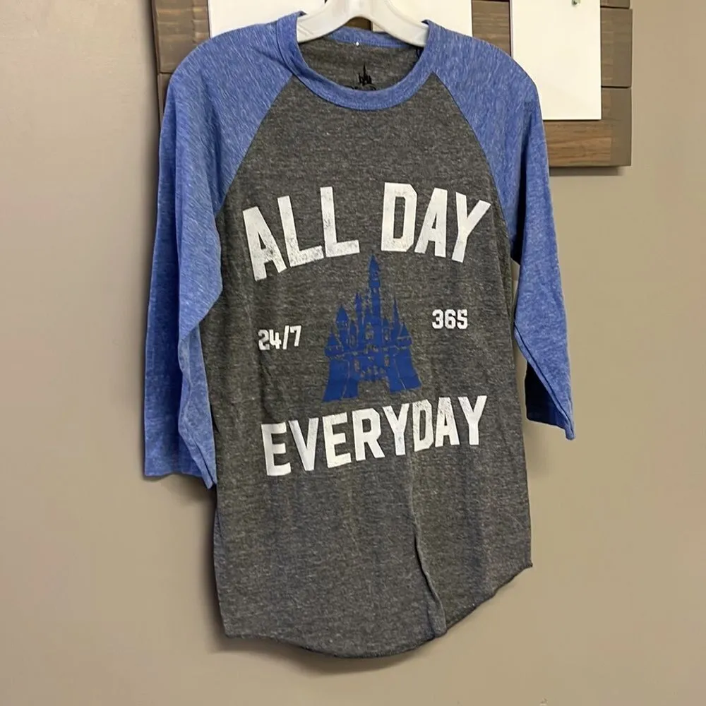 Disney Parks Gray/Blue 3/4 Sleeve Baseball ALL DAY 24/7 365 EVERYDAY Shirt - Image 3