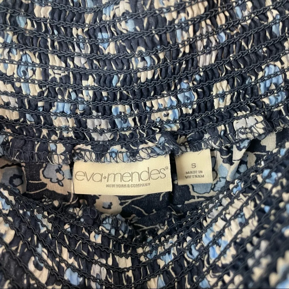 Eva Mendes Blue Floral Off Shoulder Smocked Waist Mini Dress Ruffle Hem Sz Small - Image 9