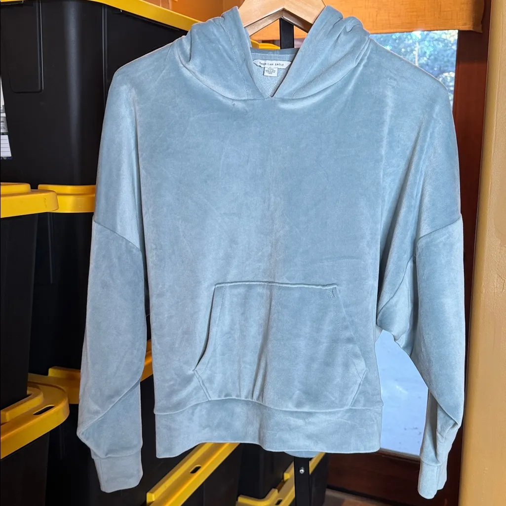 American Eagle  Slate Ice Blue Velour Oversized Hoodie Size Small - Image 5