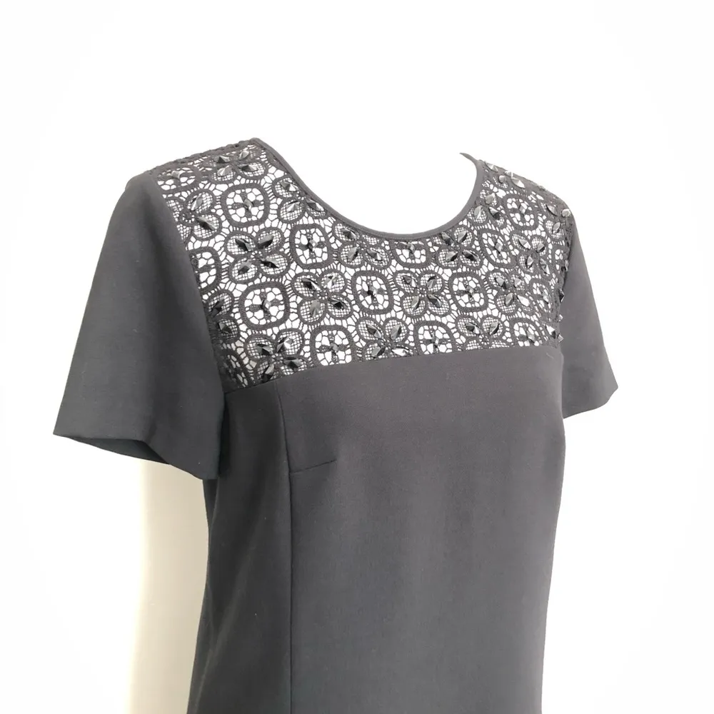 Tahari Dress Shift Crocheted Gem Floral Flower Beaded Lined Party Cocktail Black - Image 3