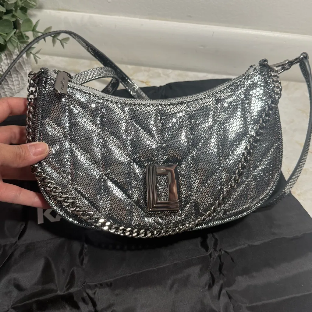 NWOT Karl Lagerfeld Lafayette Shoulder Bag Sequins 100% Goat Leather Grey - Image 3