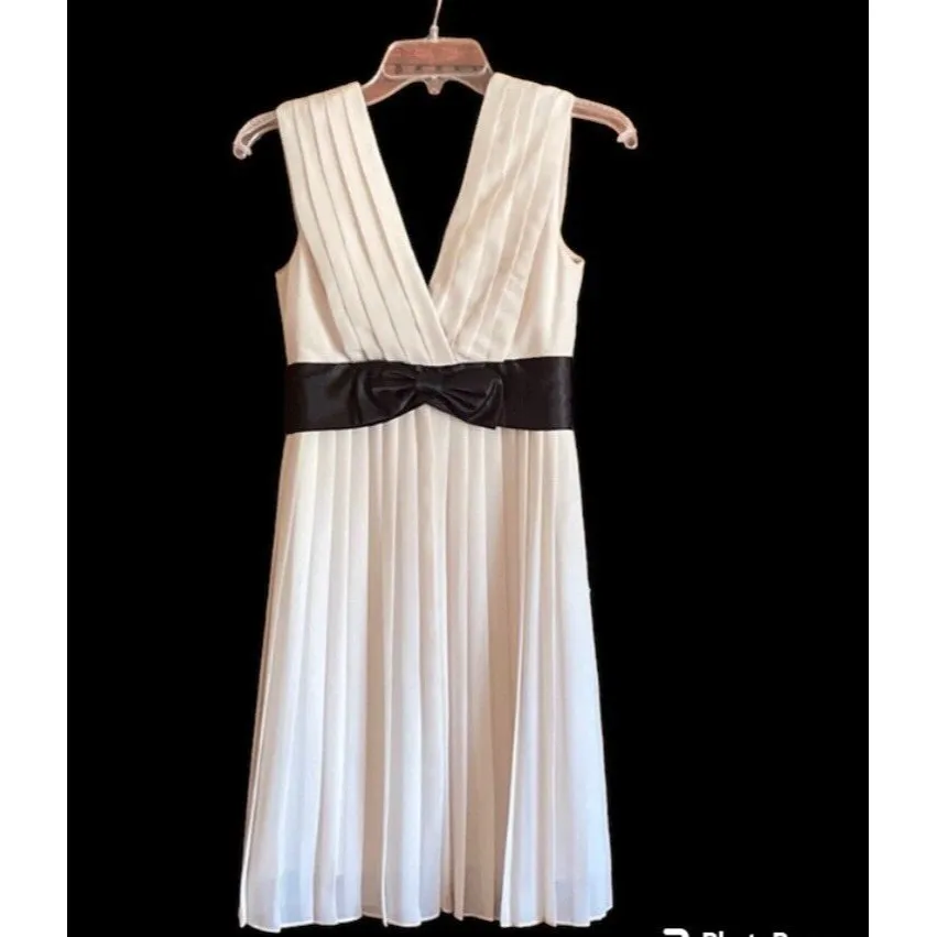 Max and Cleo Formal  Cocktail Beige/Black Sheer V-Neck Cut Dress Fully Lined - Image 3