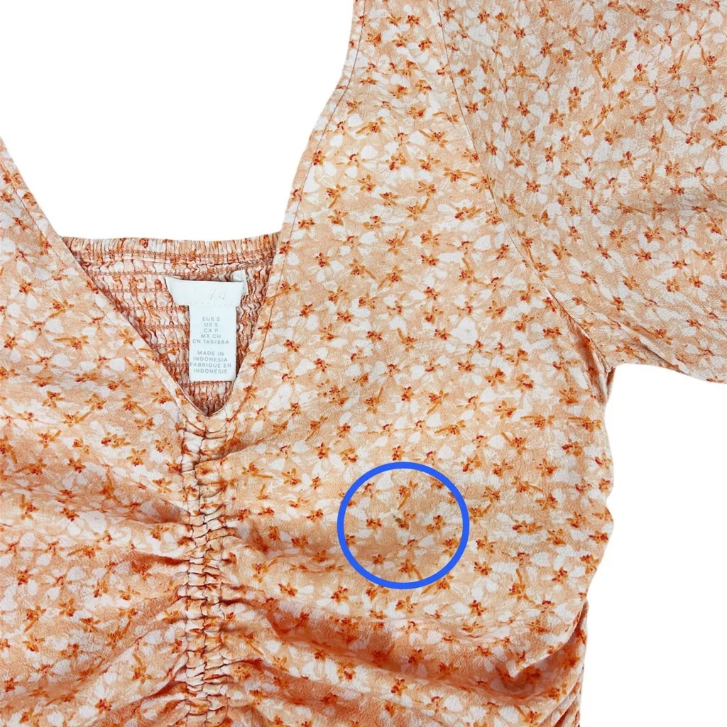 H&M Orange Floral Smocked Short Puff Sleeve Crop Top‎ Cinched Front Size Small - Image 3