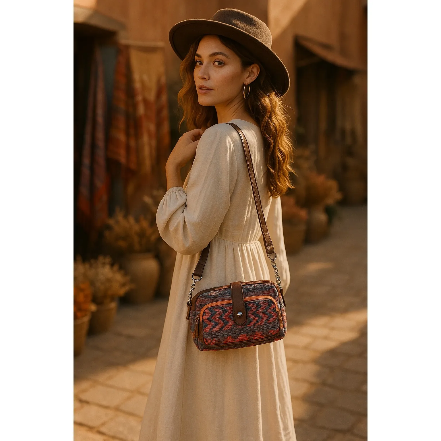 Vintage Boho Woven Patchwork Festival Crossbody Bag Aztec Textile Chain Purse Orange - Image 2