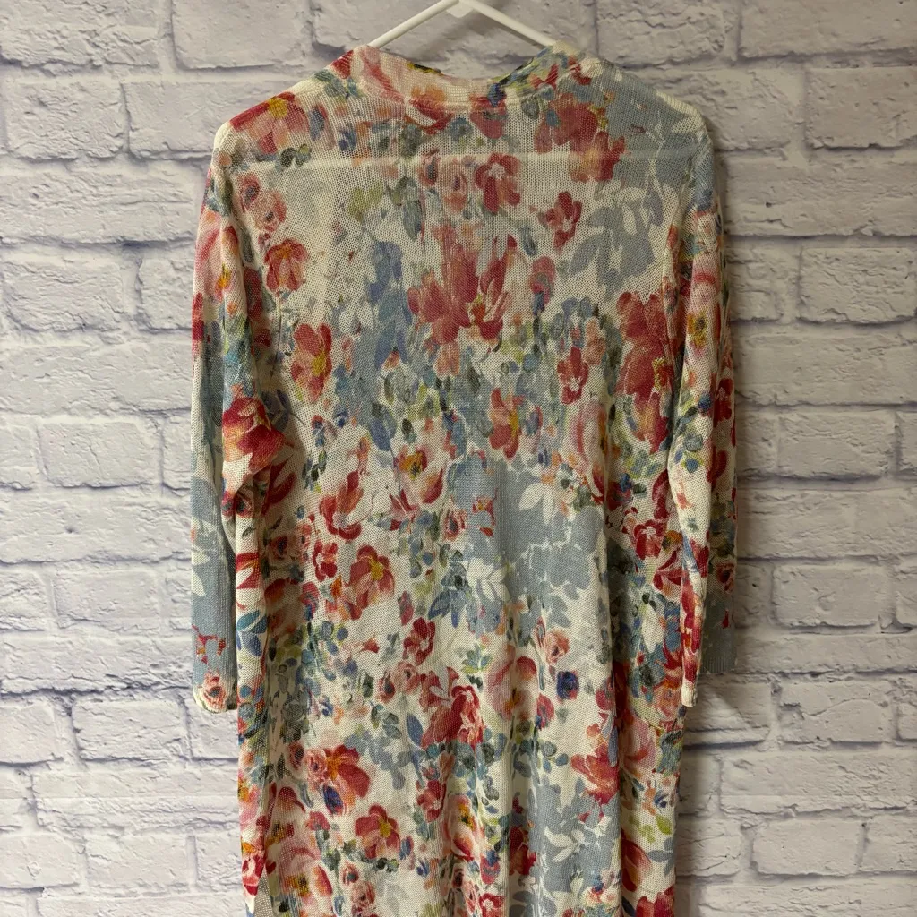 J JILL Linen Blend Watercolor Floral Print Duster Cardigan Sweater Colorful Sz M Blue Size M - Image 8