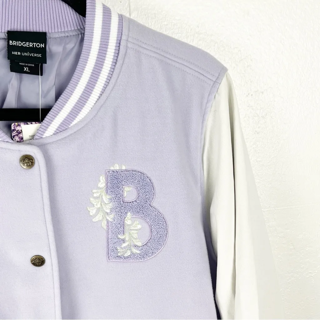 HOT TOPIC x BRIDGERTON Her Universe Lavender Bee Varsity Lined Button Jacket XL - Image 11