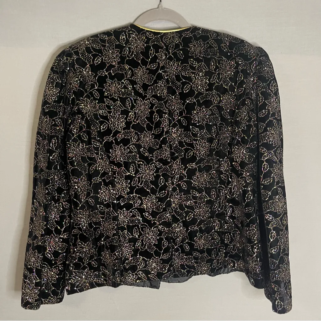Vintage R&K Evening Blazer Jacket Women's‎ Large Black Velvet Floral Glitter - Image 6