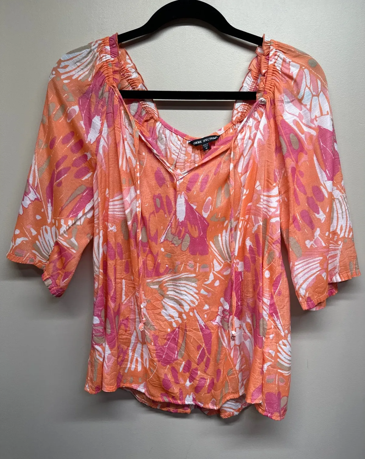 Unique Spectrum M Orange Pink White Butterfly Print Off The Shoulder 3/4 Sleeve - Image 1