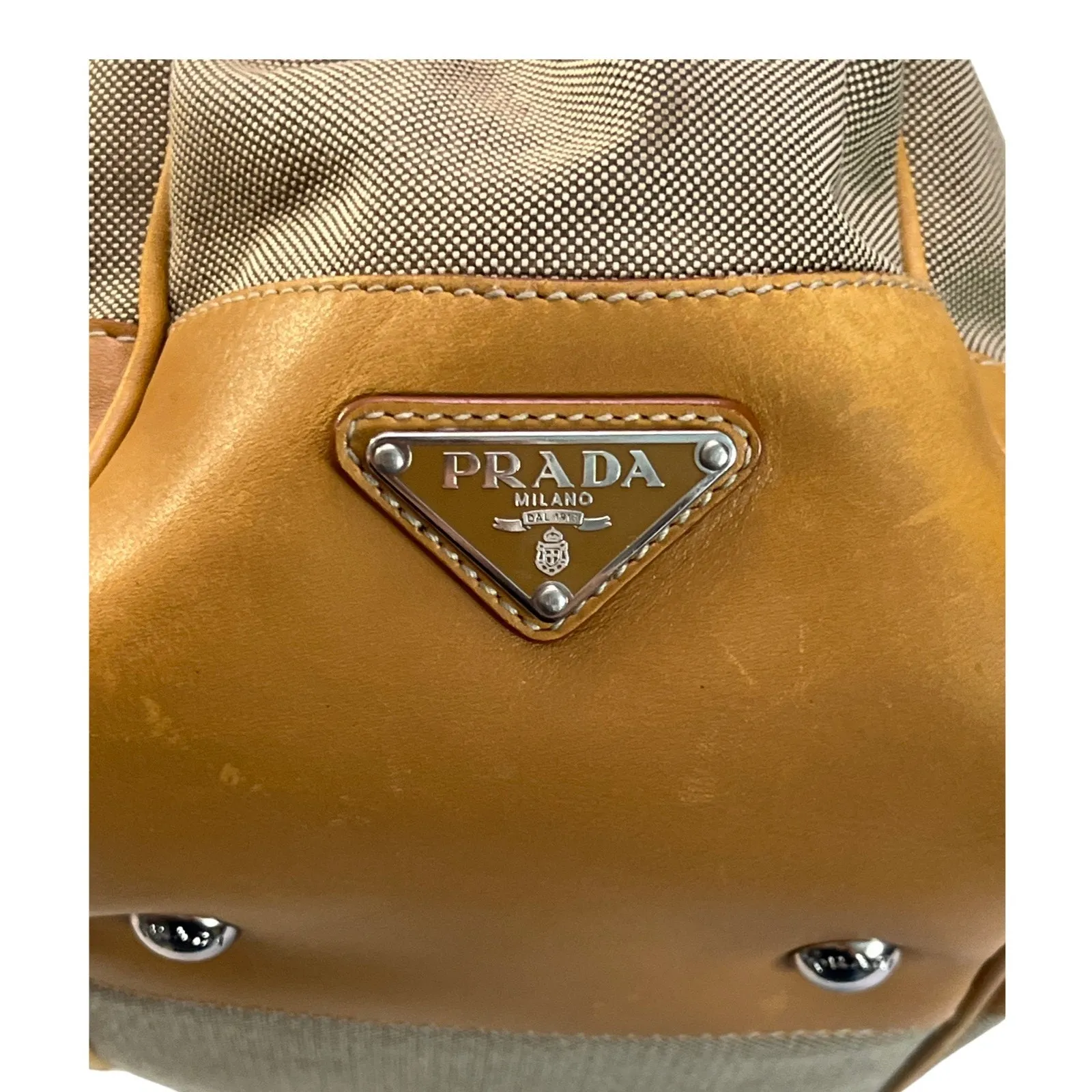 Prada Canapa Jacquard Canvas & Leather Frame Satchel Tote Bag Brown Tan Vintage - Image 13