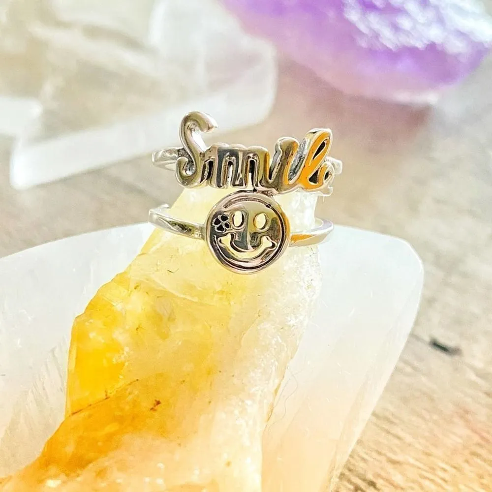 Sterling Silver Stack Smile Face Adjustable Ring Platinum Plated 925 Stamp - Image 2