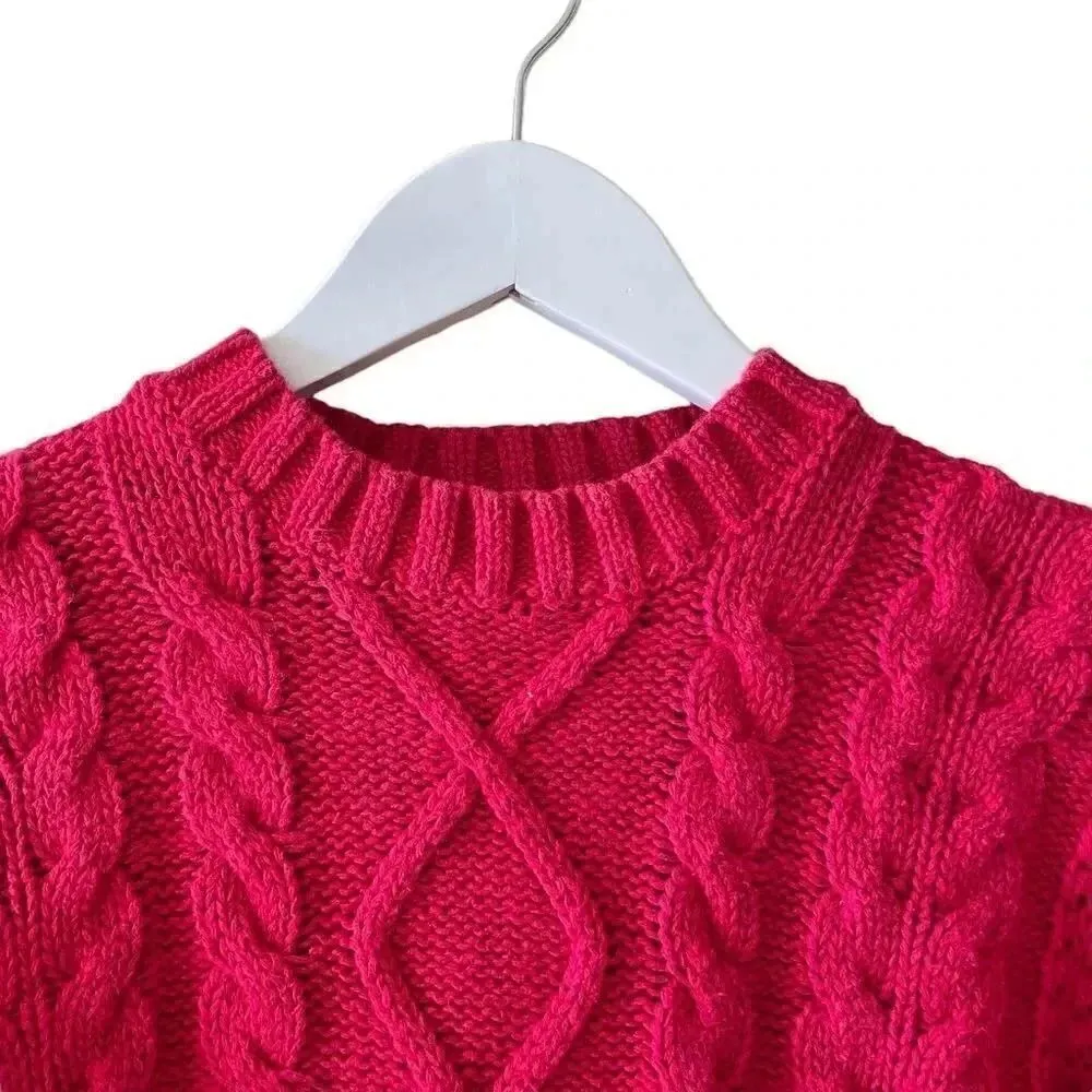 Jennifer Moore Vintage Cotton Red Cable Knit Shoulder Pads Y2K Cozy Sweater SZ M - Image 2