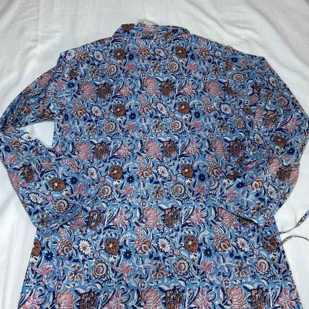NWT Pomegranate Blue Floral Shifty Shirt Dress Cotton Maxi Belt Button Size XL - Image 11