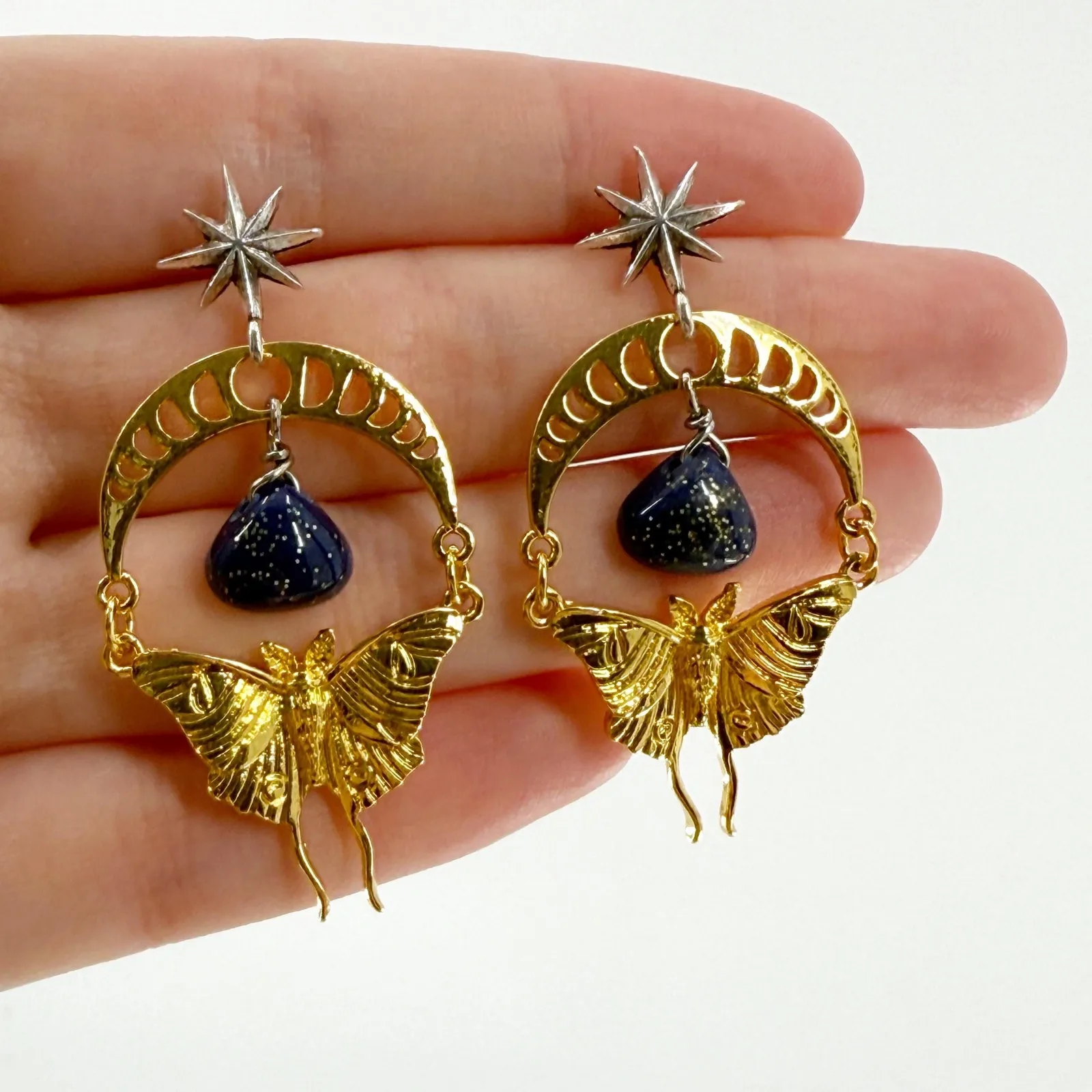 Luna Moth Earrings, Gold Moth Earrings, Stone Earrings, Moon Phase Earrings - Image 2