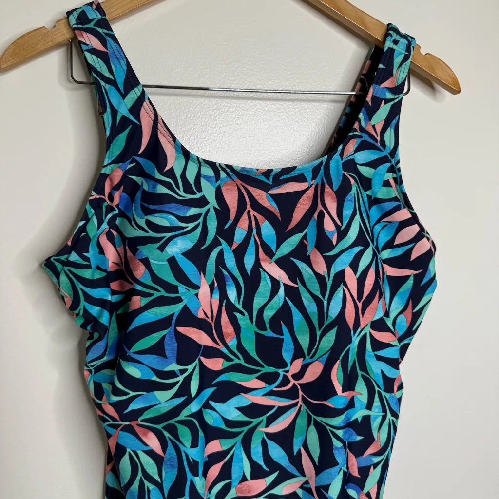 Lands’ End One Piece Swimsuit Women’s Size 16 Blue Green Leaf Pattern - Image 2