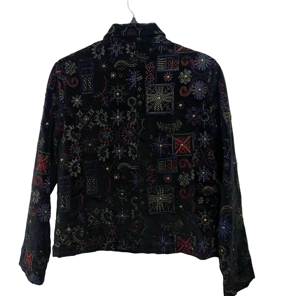 Chicos 0 Y2K Boho Jacket Polo Blazer  Black Velvet Embroidered Jewel Lined Boho - Image 6