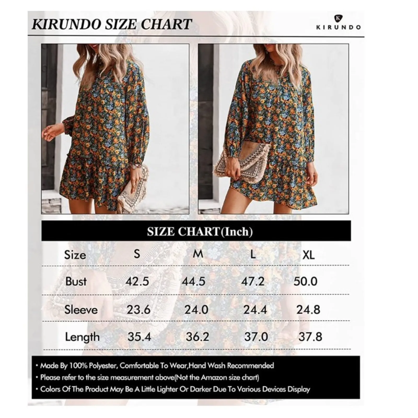 Kirundo Dress Floral Print Long Sleeve Tie Neck Ruffle Boho Swing Mini Large Orange - Image 12