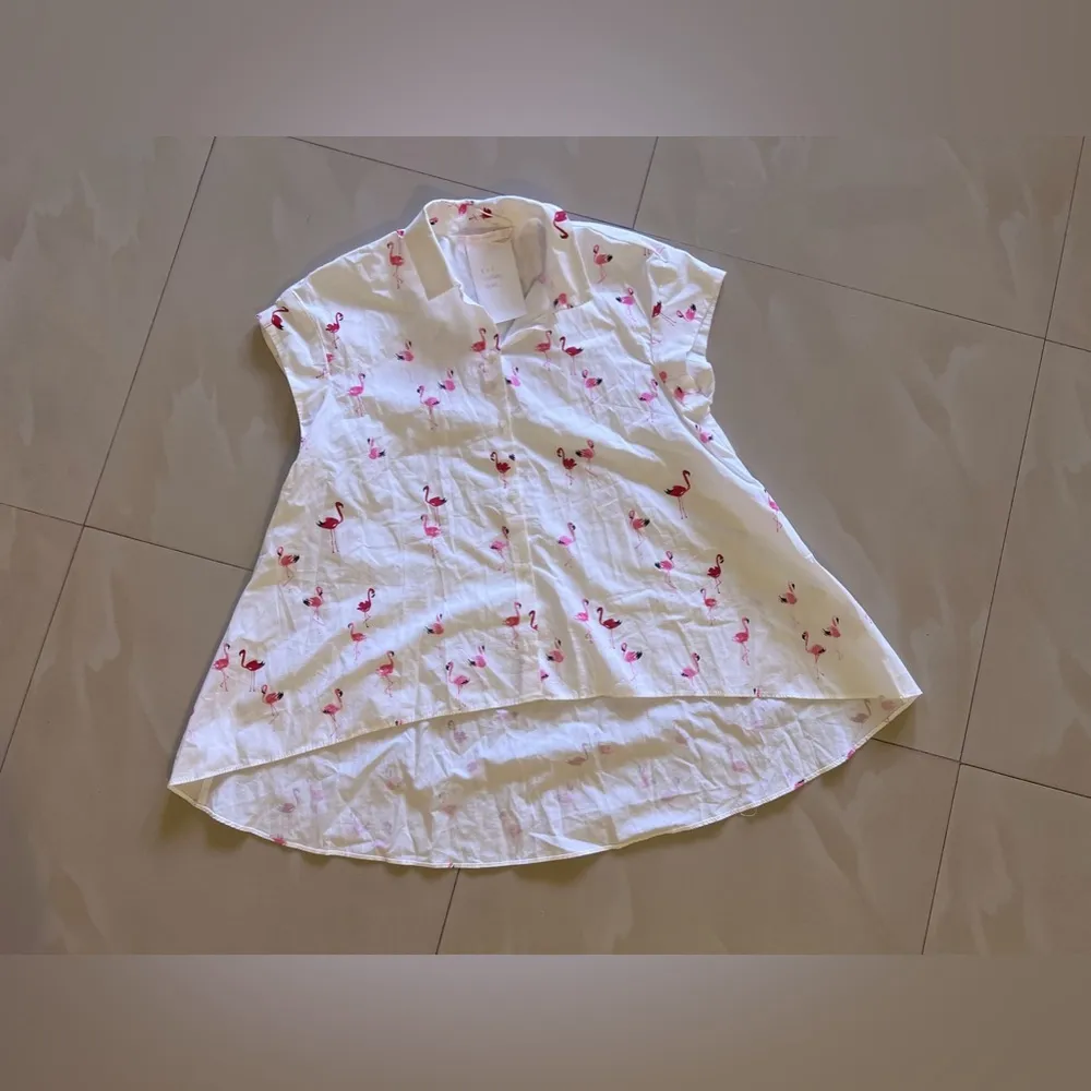 Zara Traffluc Collection S Blouse Swing Top White Pink Flamingos Cotton Sweet - Image 13