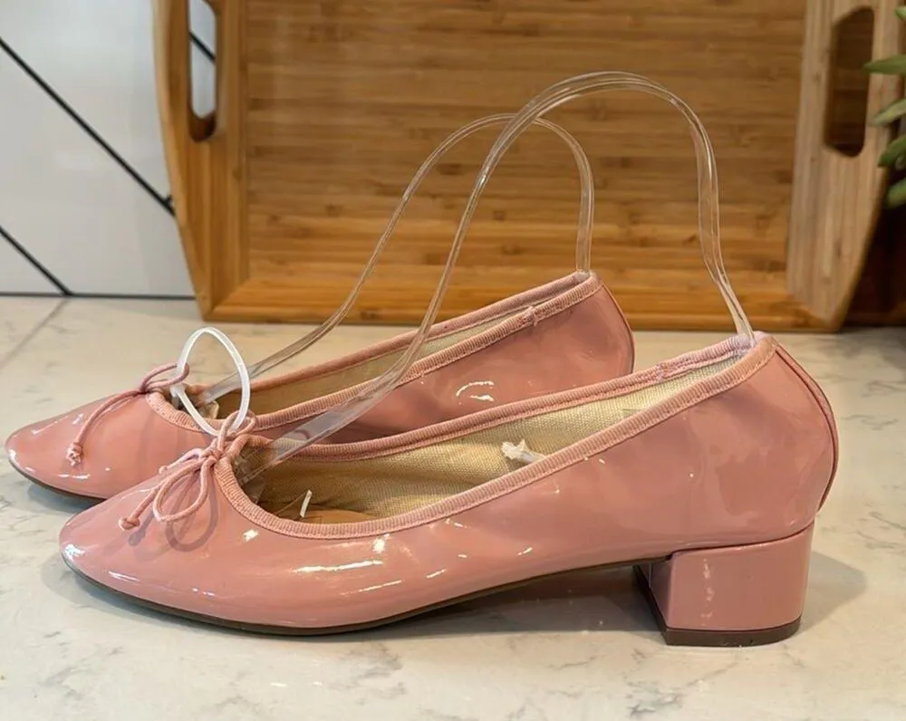 Topshop pink  bow tie mid block heel round toe faux patent leather office size 7 - Image 4