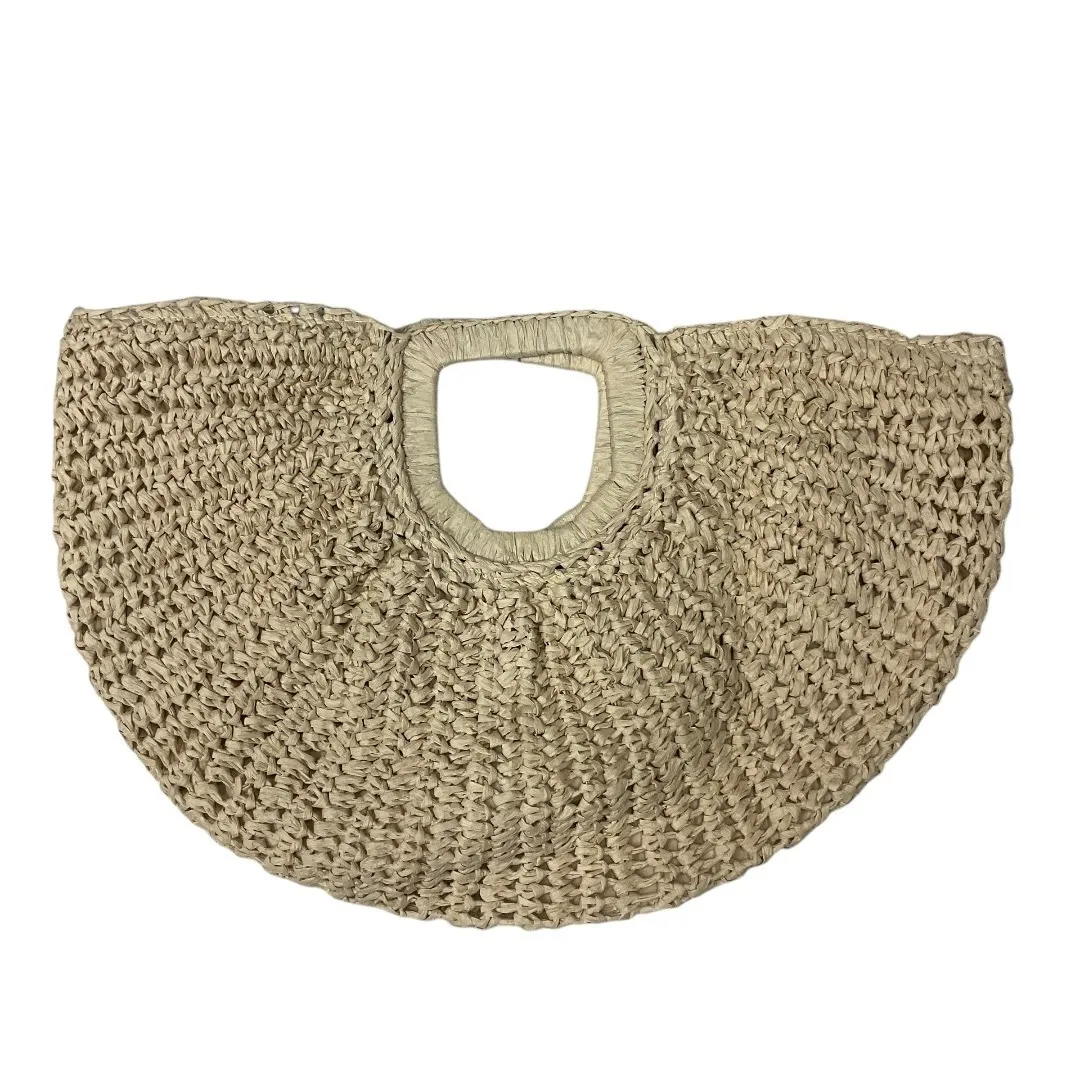 Women's Half Moon Straw Purse Clutch Bag in Cream Woven Beach Retro Tan - Image 2