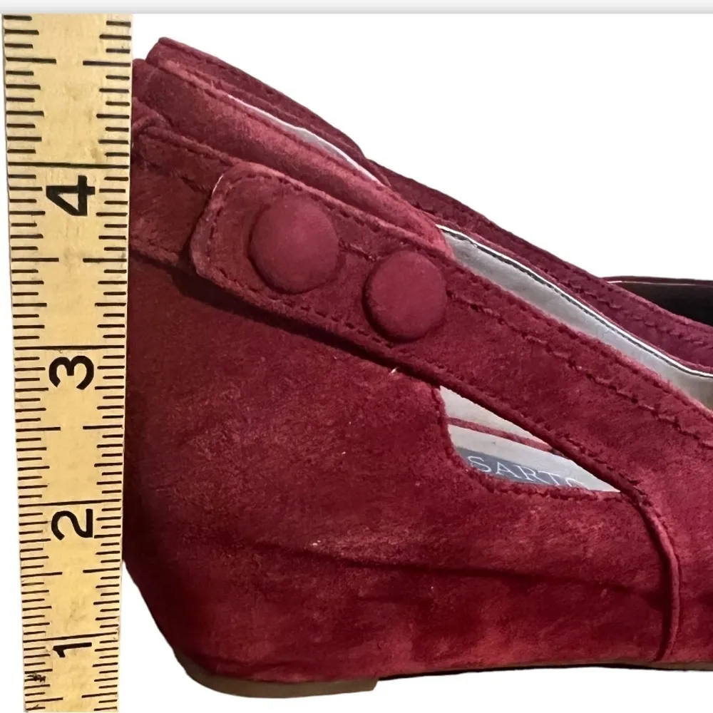 Franco Sarto Chianti Red Suede Low Wedge Button Cut Out Detail Shoes Size 10 Med - Image 12