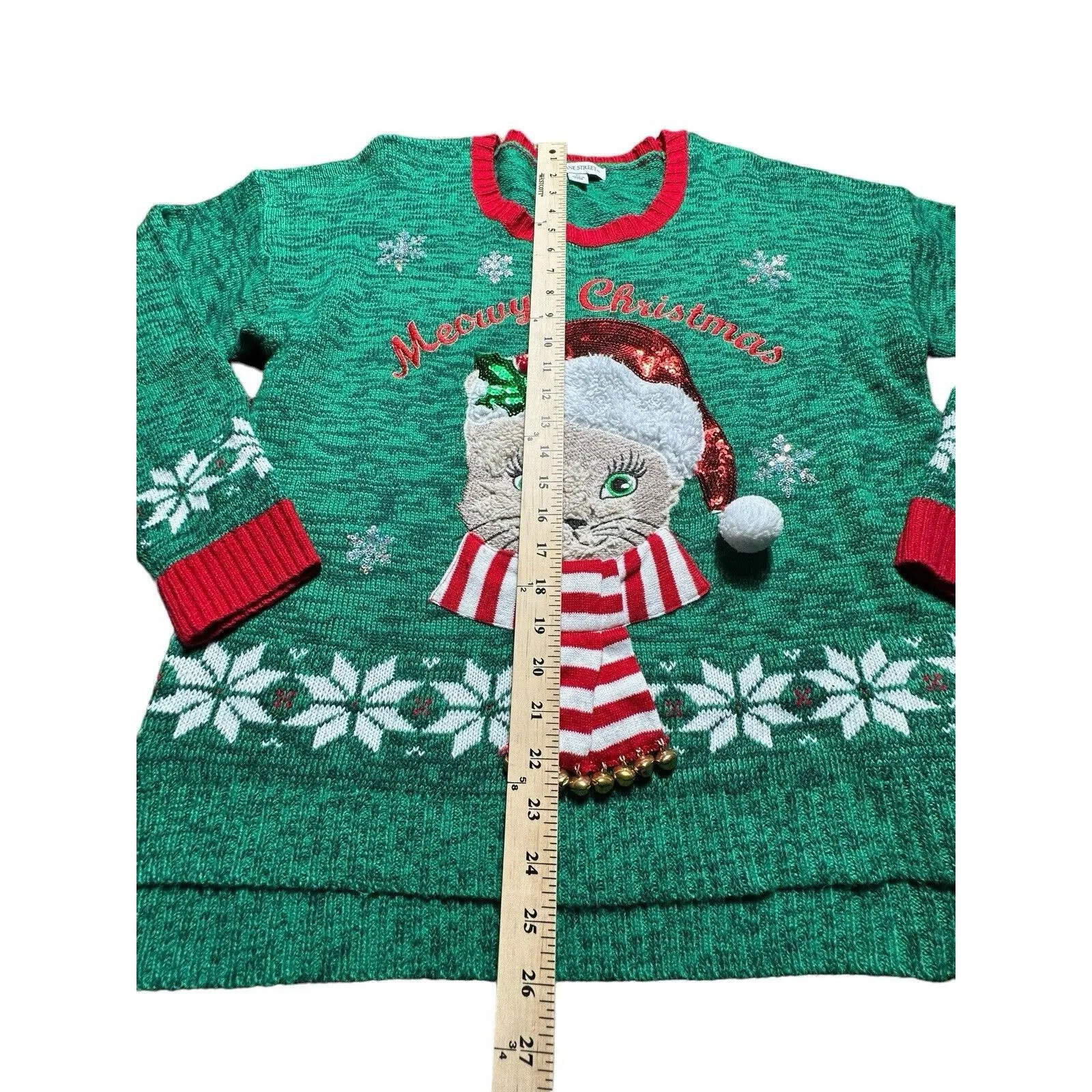 99 Jane Street XL Christmas Knit Green Sweater Cat‎ Appliqué Crew Neck #X9 - Image 7