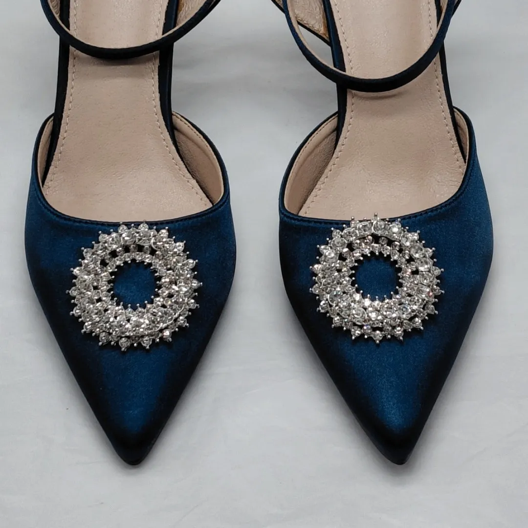 Perphy Womens Heels Size 10 Blue Satin Rhinestone Slingback Cocktail Pumps Shoe - Image 9