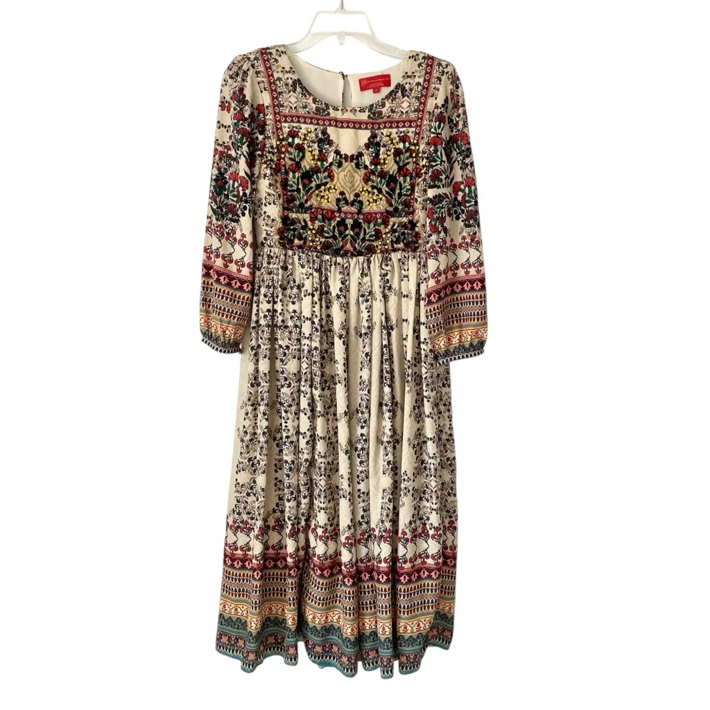 Anthropologie Far Fields Beaded Midi Dress Bhanuni by Jyoti size 2 Cream - Image 4