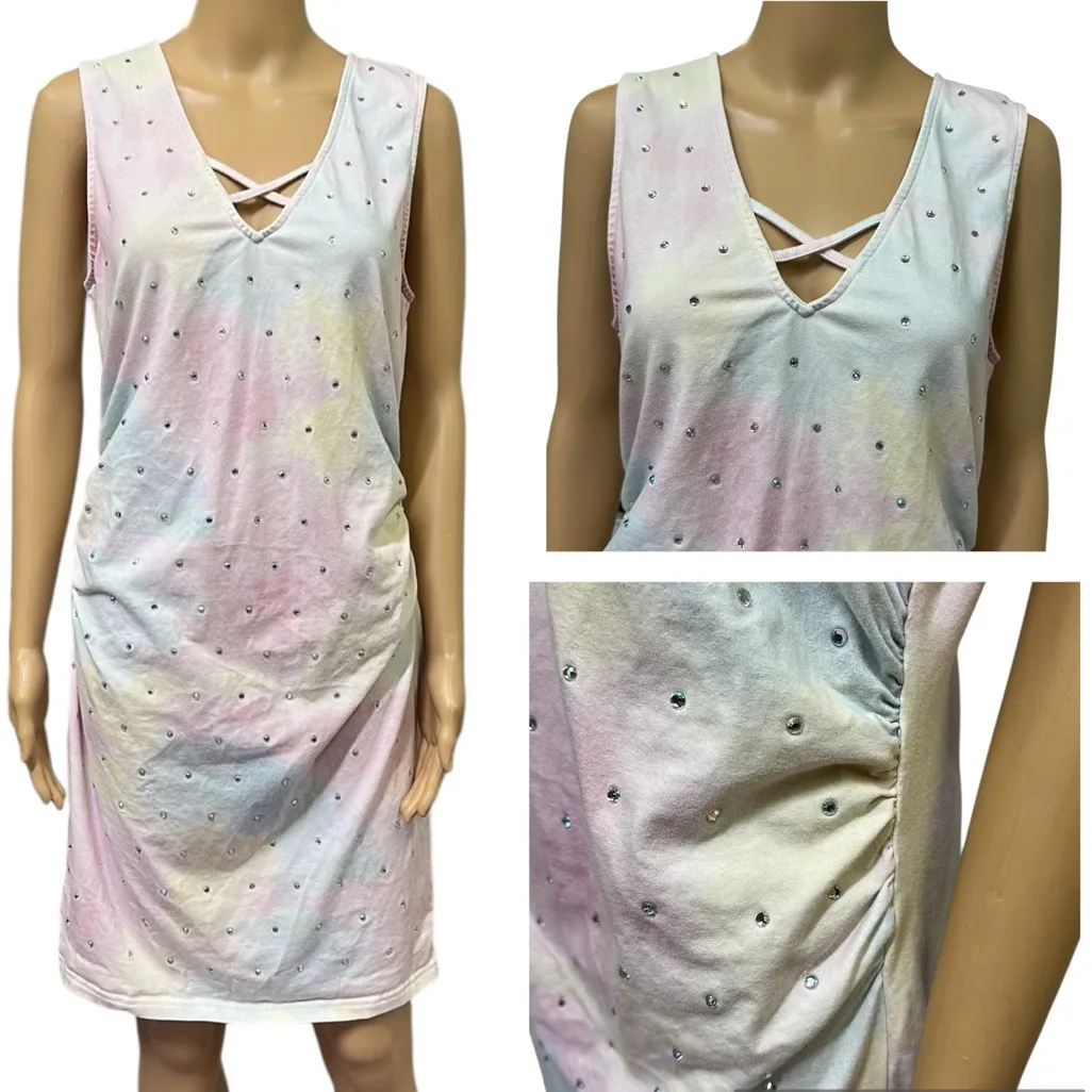 Venus Pastel Tie Dye Rhinestone Ruched Side Sleeveless Midi Dress Womens Large - Image 2