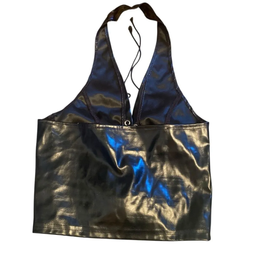 Faux Leather Halter & Mini Shorts Matching Set Black Bikercore Moto Club Baddie‎ - Image 4