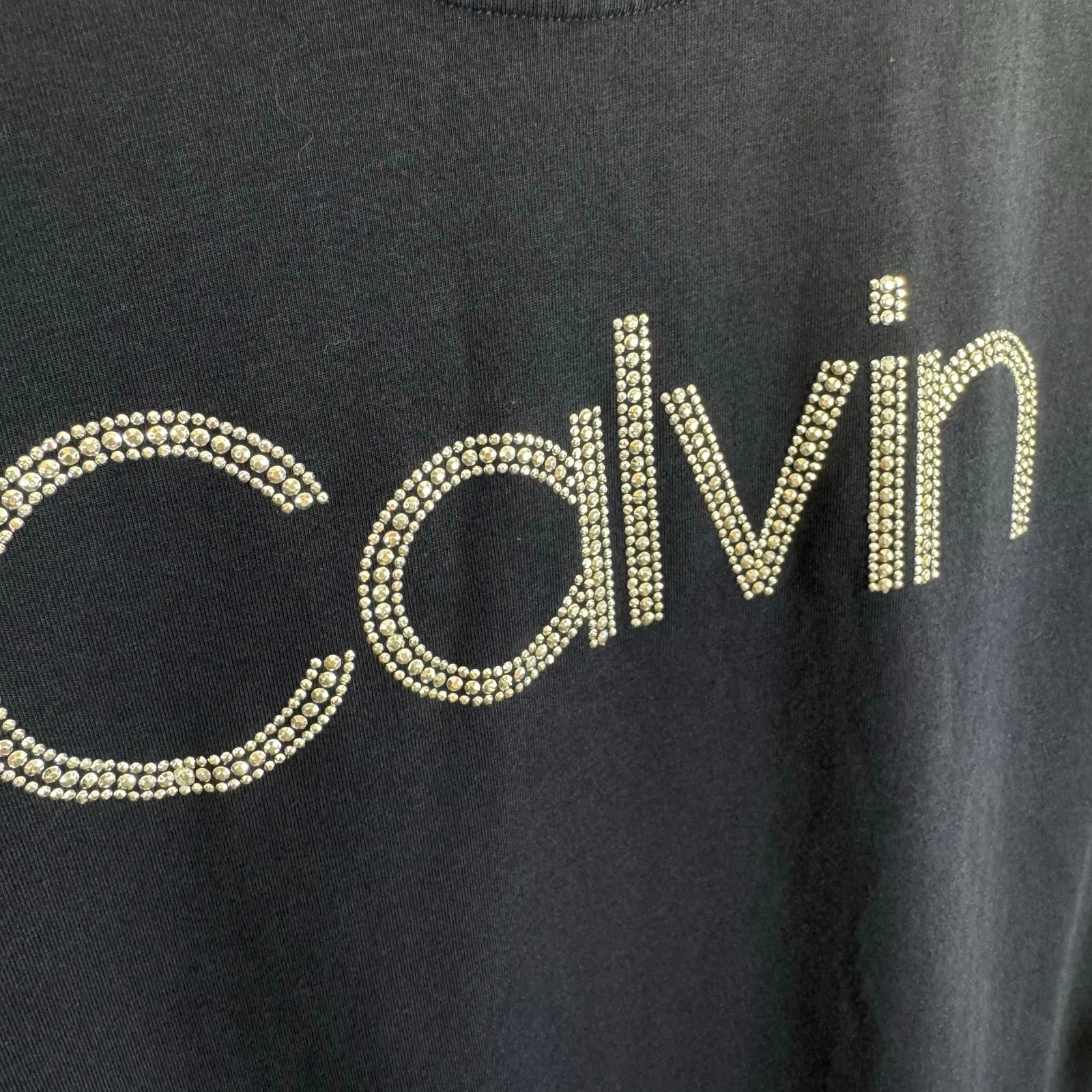 Calvin Klein Navy Blue Rhinestone Logo Buckle Short Sleeve Cotton Blend Tee Sz L - Image 2