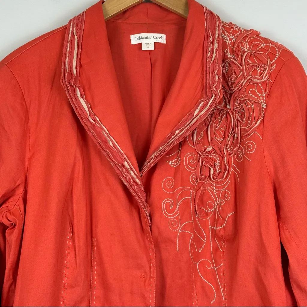 Coldwater Creek Jacket Womens Size 16 Coral Linen Blend Embroidered Snap Button - Image 2