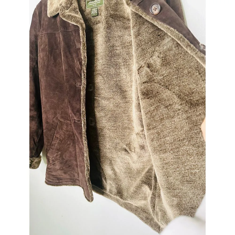 VINTAGE EDDIE BAUER Brown Faux Fur Lined Suede Leather Oversized Coat Size M - Image 4