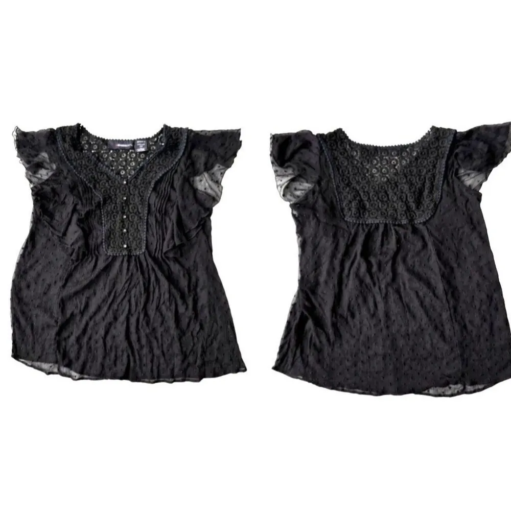 Denim 24 7 Blouse 14W Black Semi Sheer Swiss Dots Flutter Sleeves Crochet - Image 10