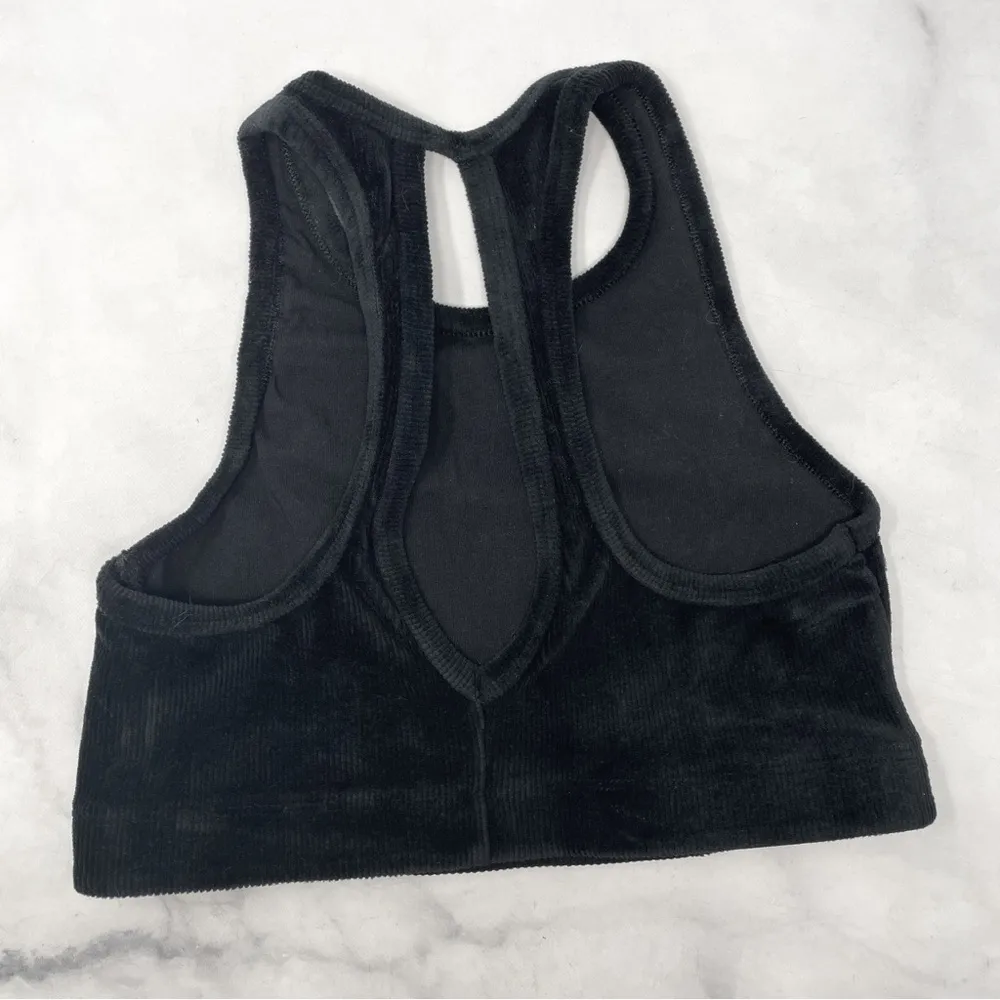 Corduroy High Neck Longline Sports Bra Crop Top Activewear Festival Black - Image 3