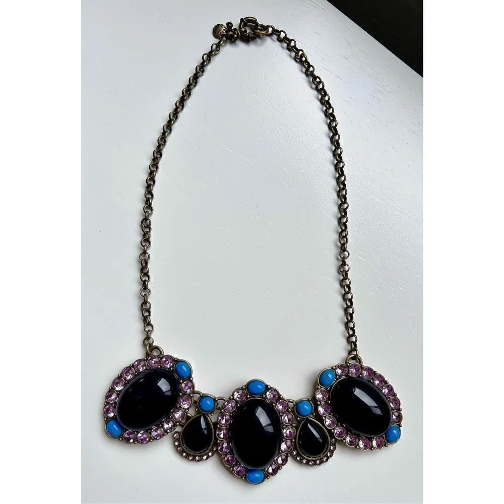 J.Crew Faux Black Onyx Turquoise Rhinestone Statement Necklace Antique Gold Tone Blue - Image 3