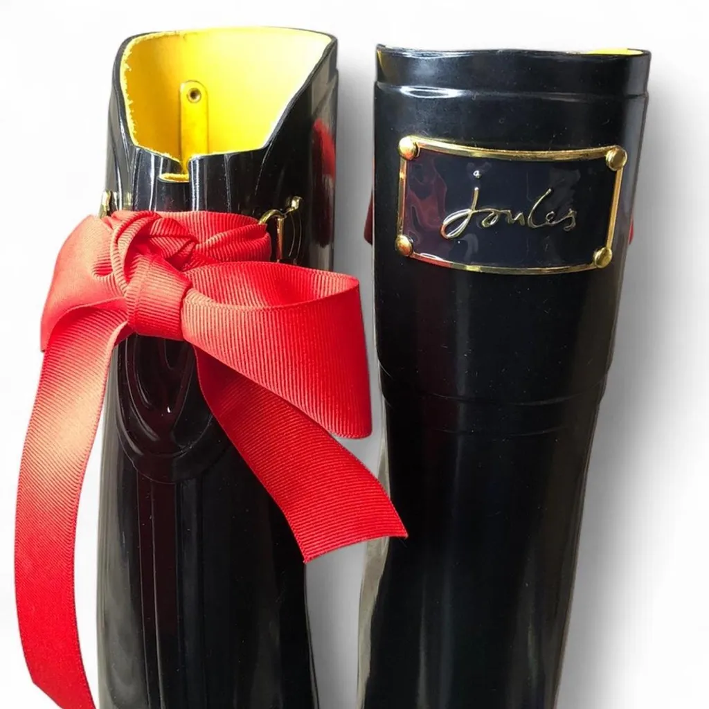 JOULES EVEDON Tall Black Rain Boots with Red Bows US Size 8 - Image 5