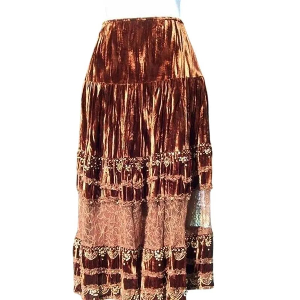 Cache Textured Sequin Bead Peek A Boo Lace Velvet Skirt Lined Beads New $168 NWT - Image 2