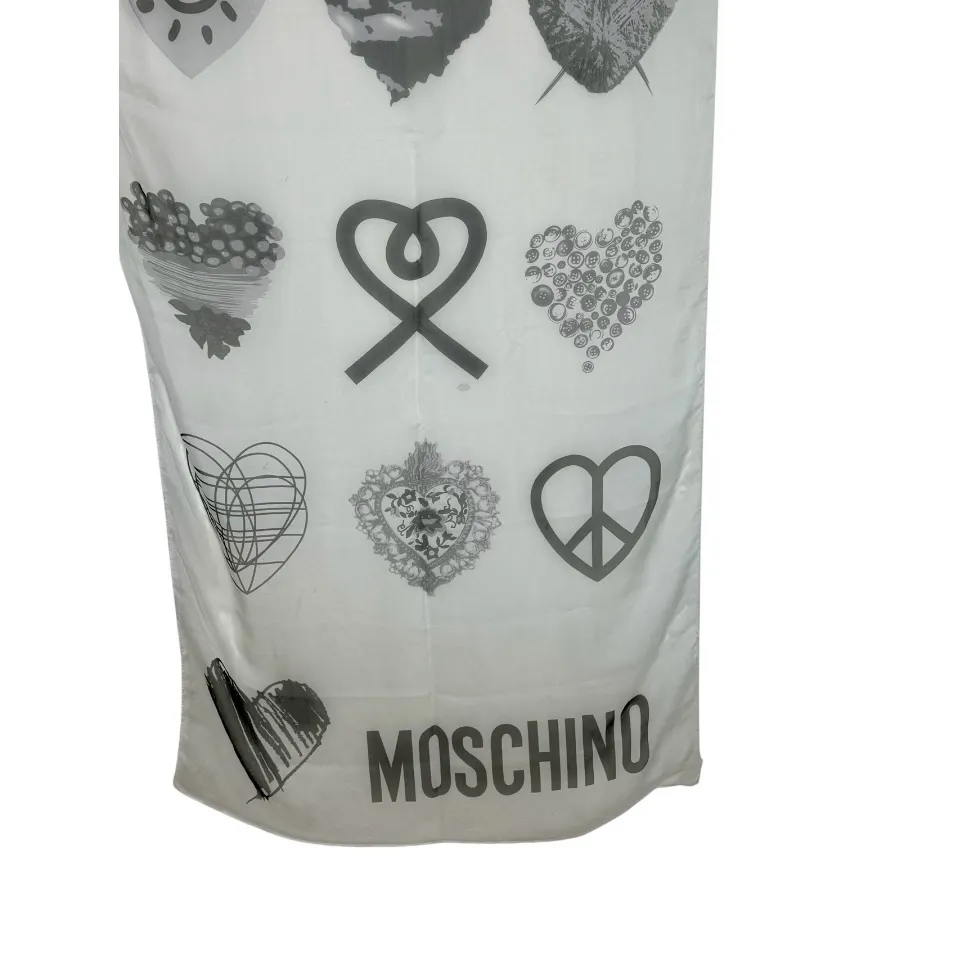 Moschino I Love Hearts Graphic Logo Silky Long Scarf White and Grey Print - Image 3