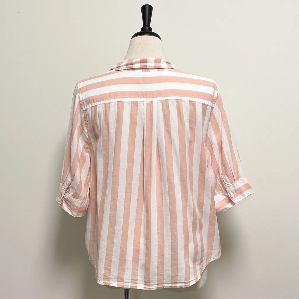 J Crew Peach White Stripe V Neck Button Down 1/2 Sleeve Blouse XL Cotton Collar - Image 7